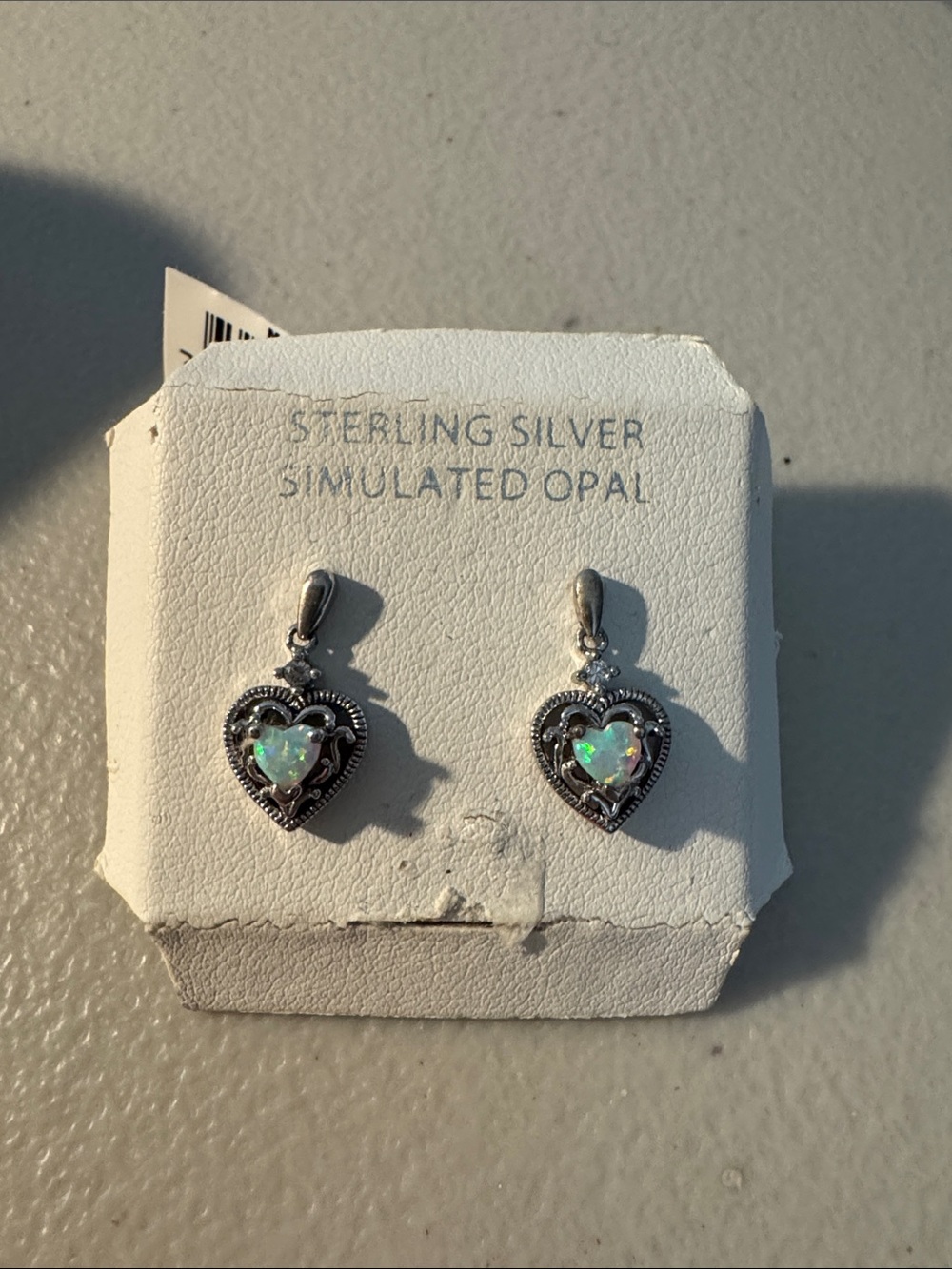 Sterling Silver Simulated Opal Heart Shaped 
Earrings